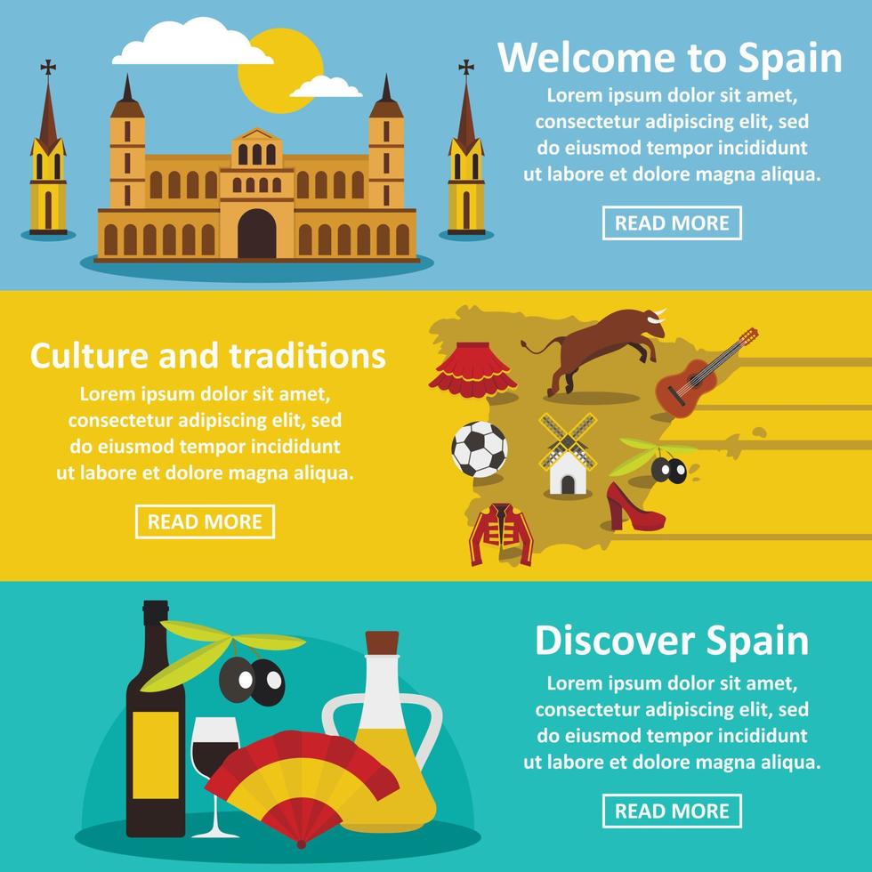 Spain travel banner horizontal set, flat style vector