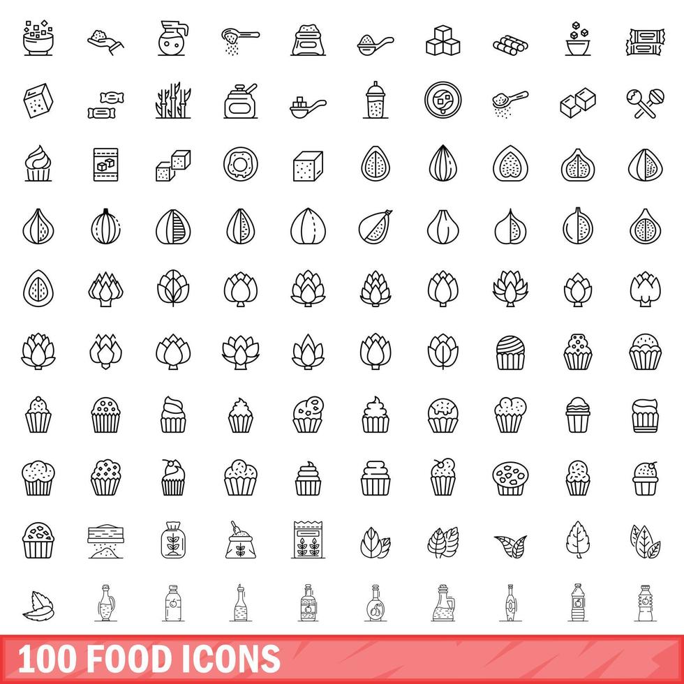 100 food icons set, outline style vector