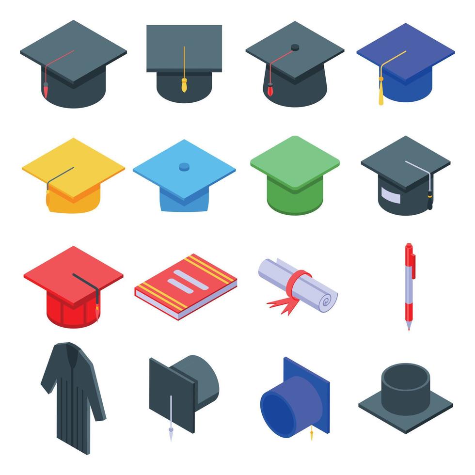 Graduation hat icons set, isometric style vector