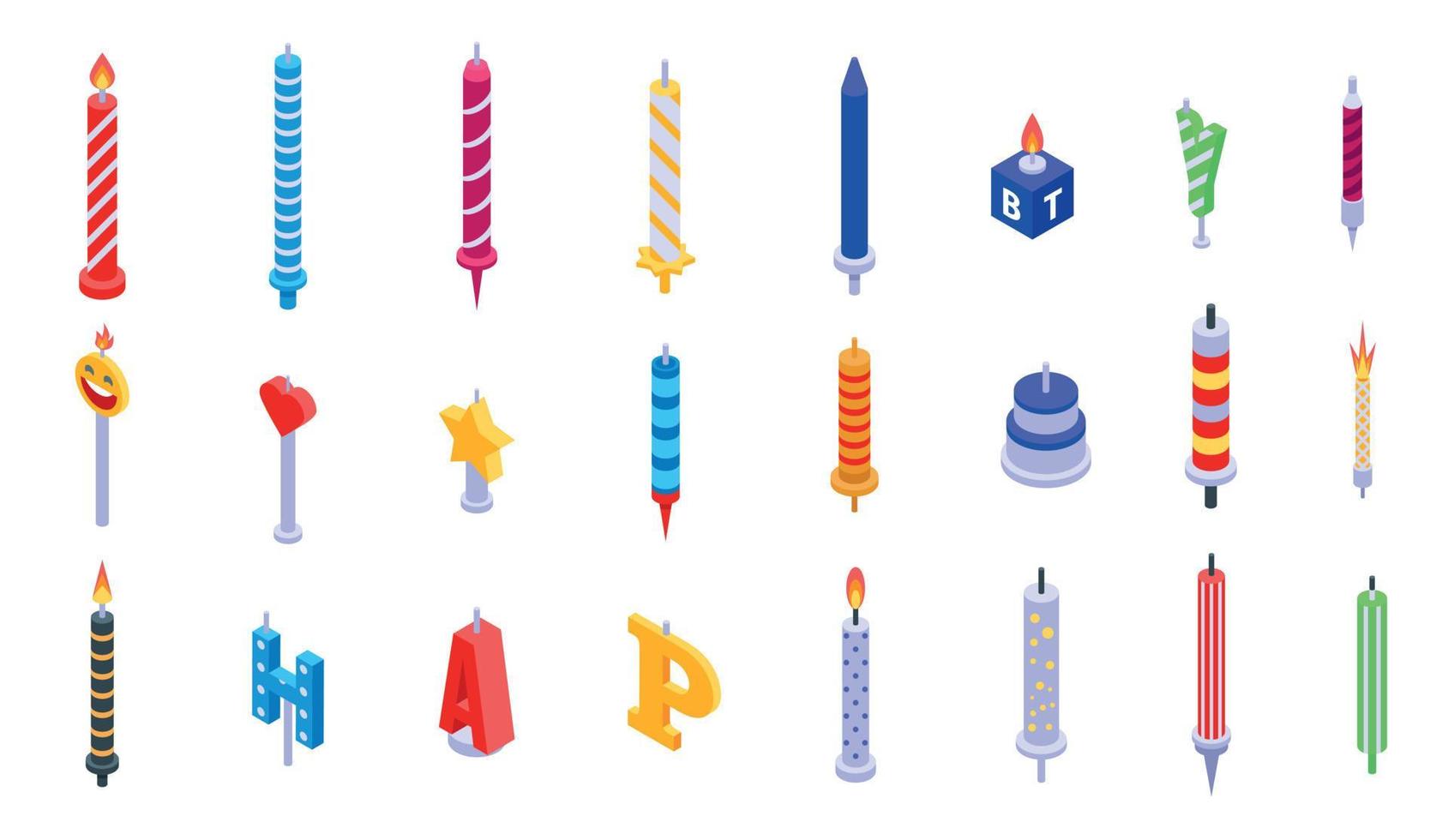 Birthday candle icons set, isometric style vector