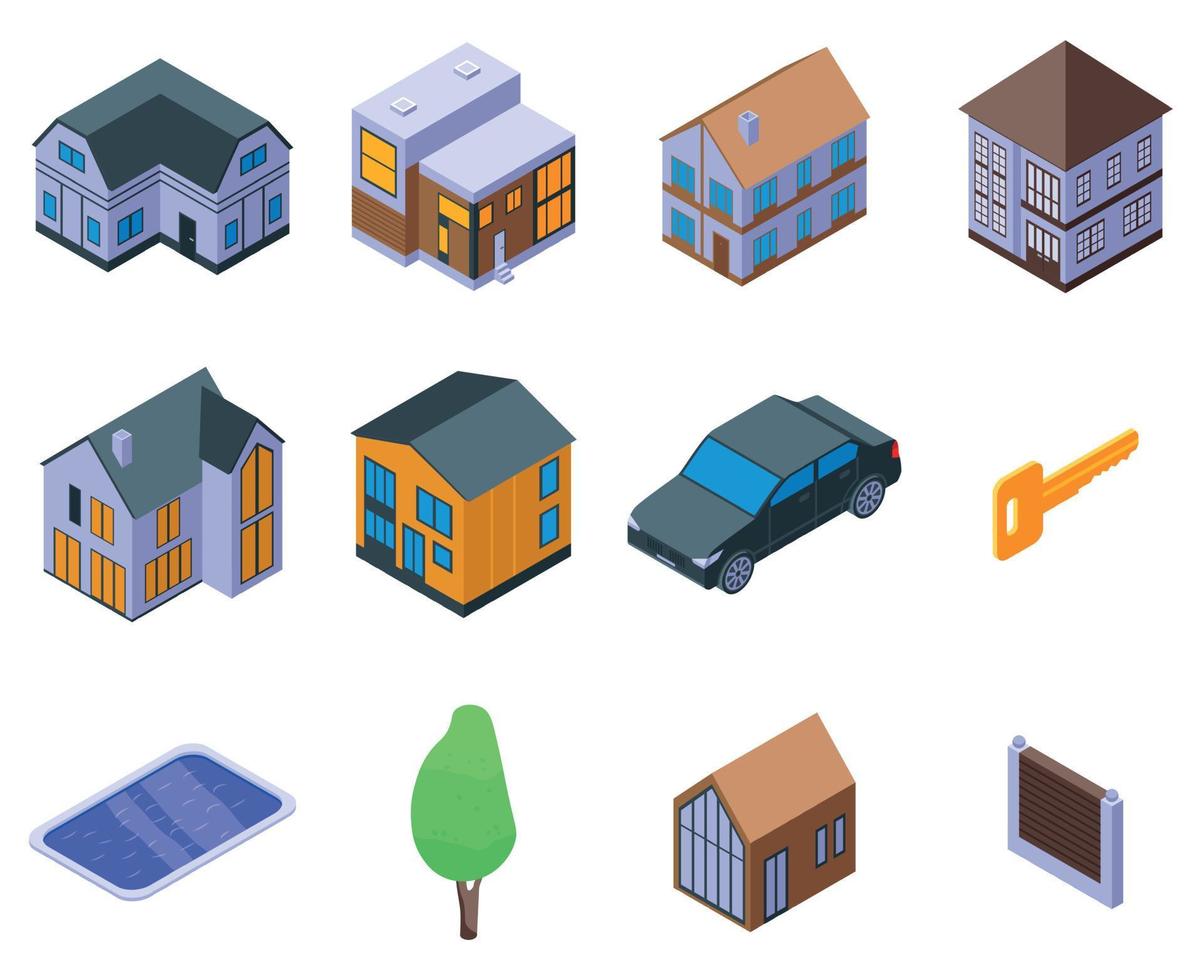 Cottage icons set, isometric style vector