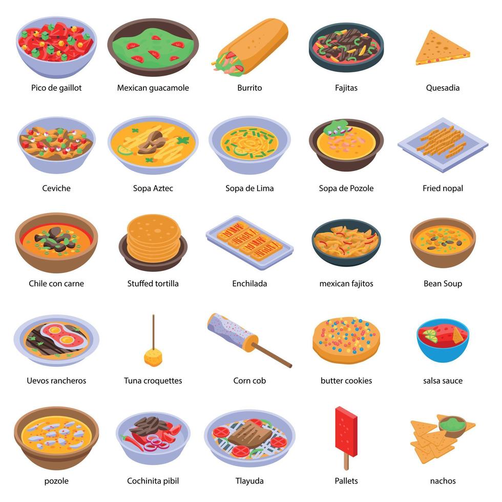 Mexican food icons set, isometric style vector