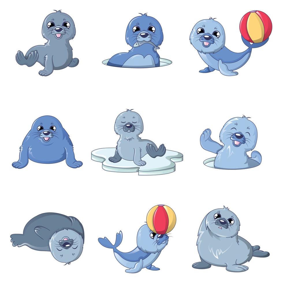 Seal pups cute character icons set, cartoon style vector