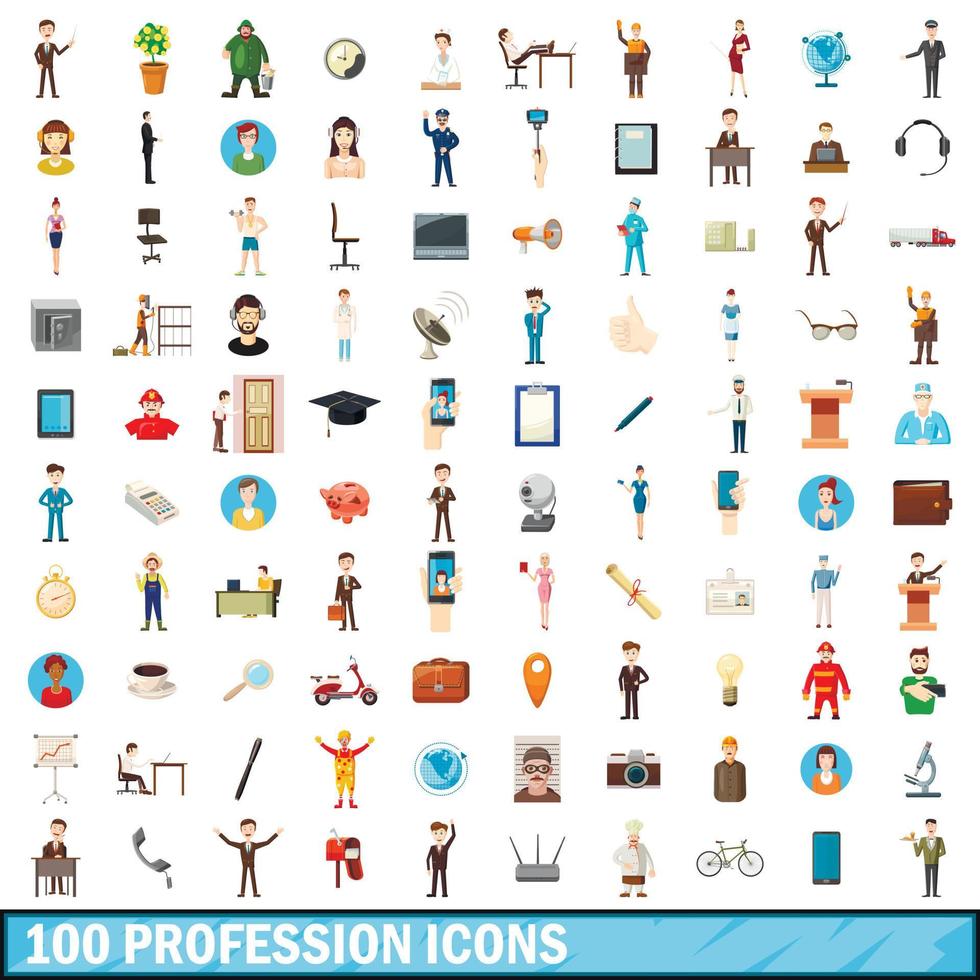 100 profession icons set, cartoon style vector