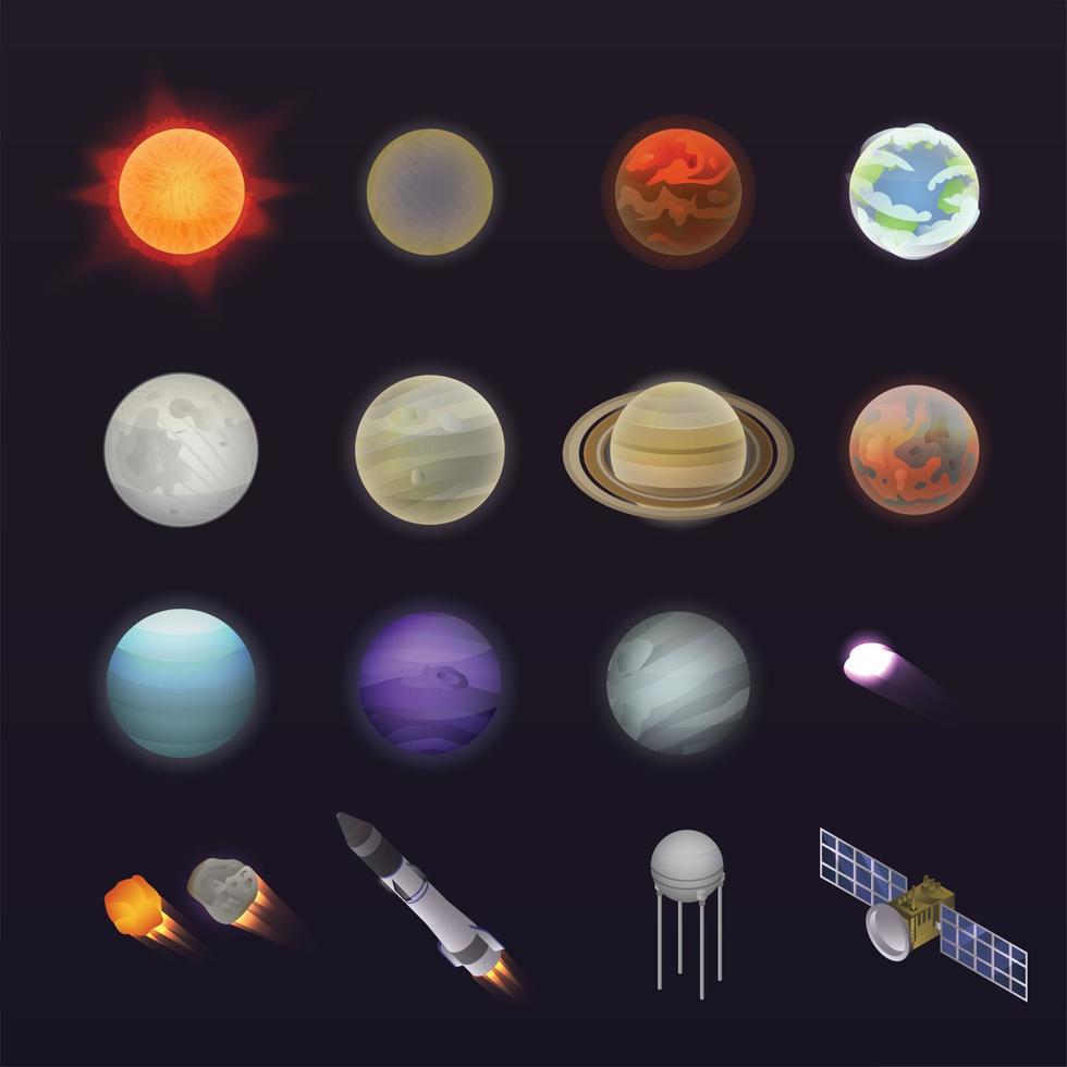 conjunto de iconos de planetas, estilo isométrico vector