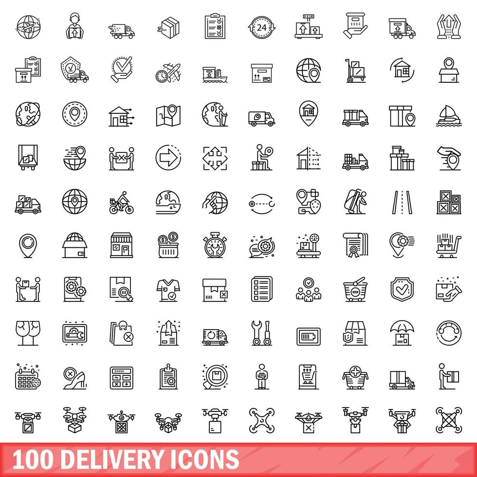 100 conjunto de iconos de entrega, estilo de esquema vector