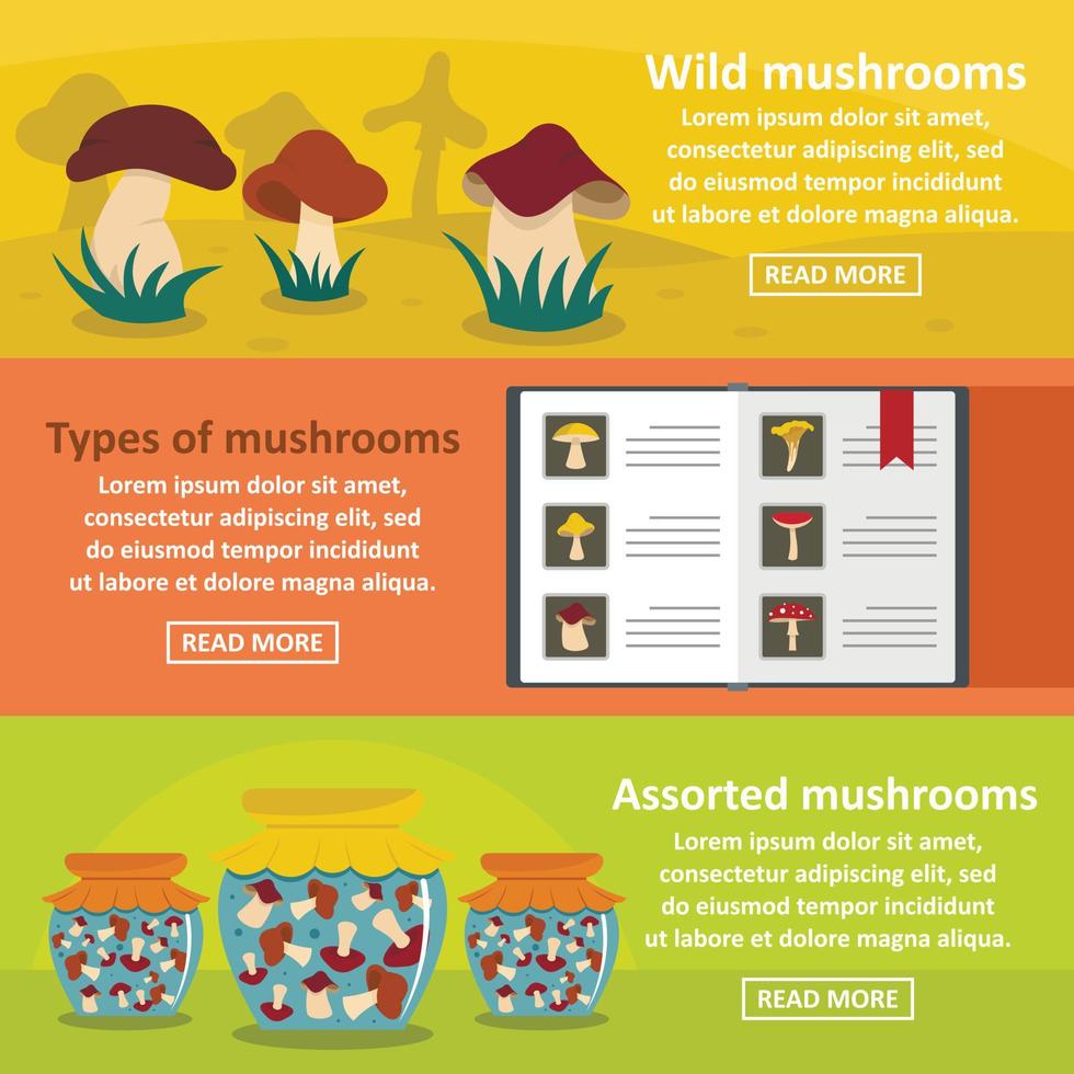 Mushroom types banner horizontal set, flat style vector