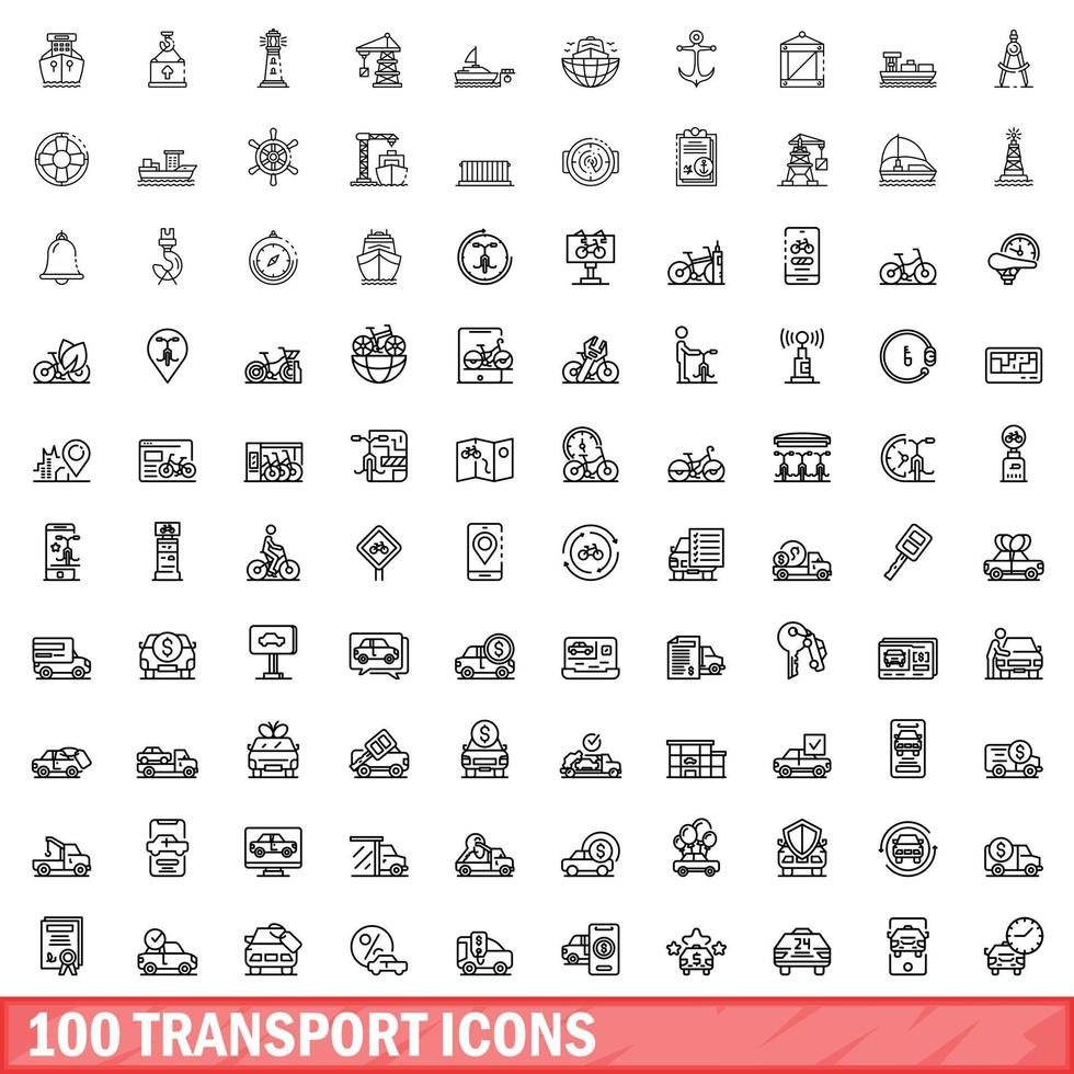 100 transport icons set, outline style vector