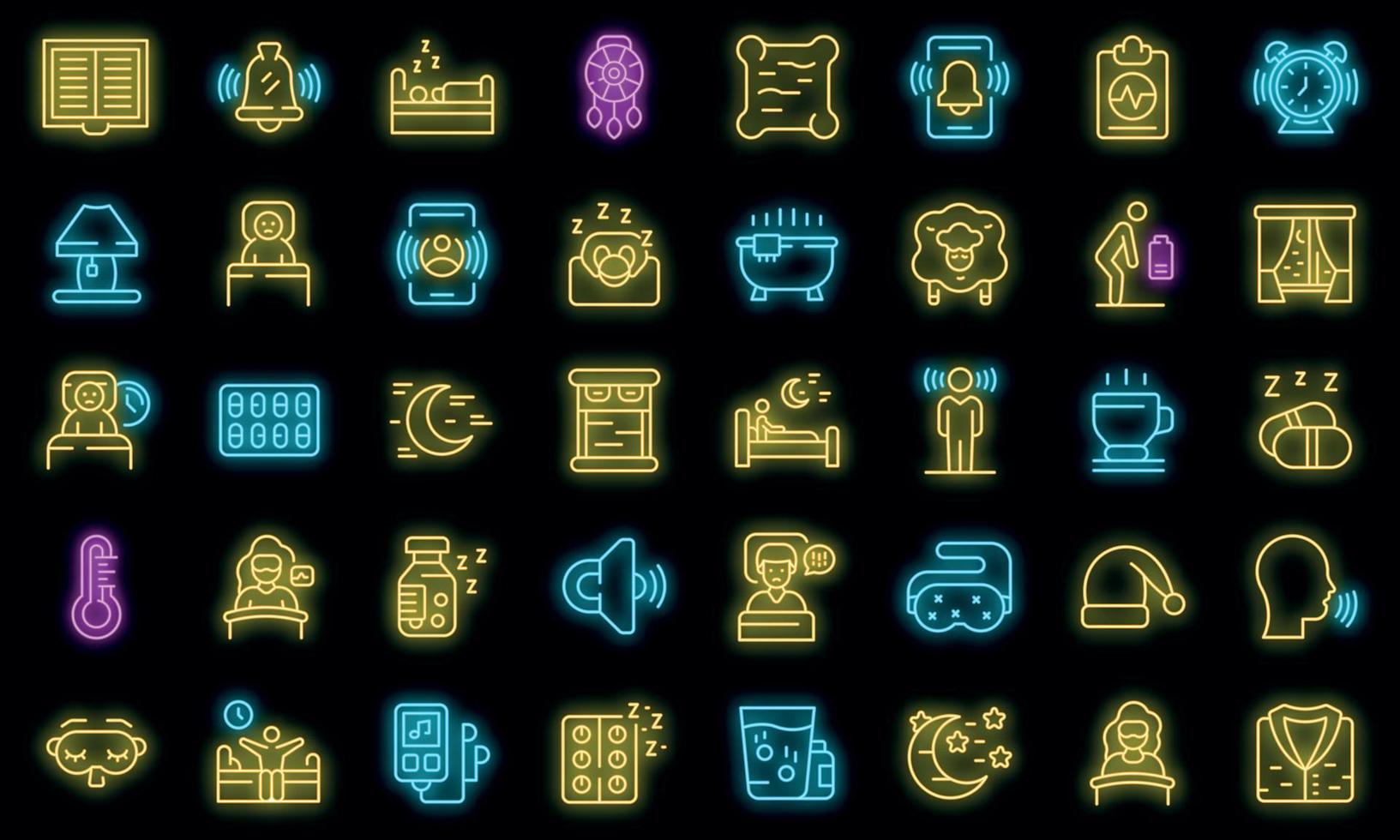 Sleep problems icons set vector neon
