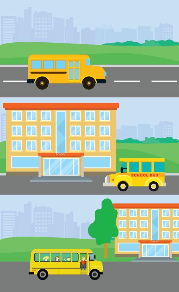 School bus kids banner concept set, flat style vector