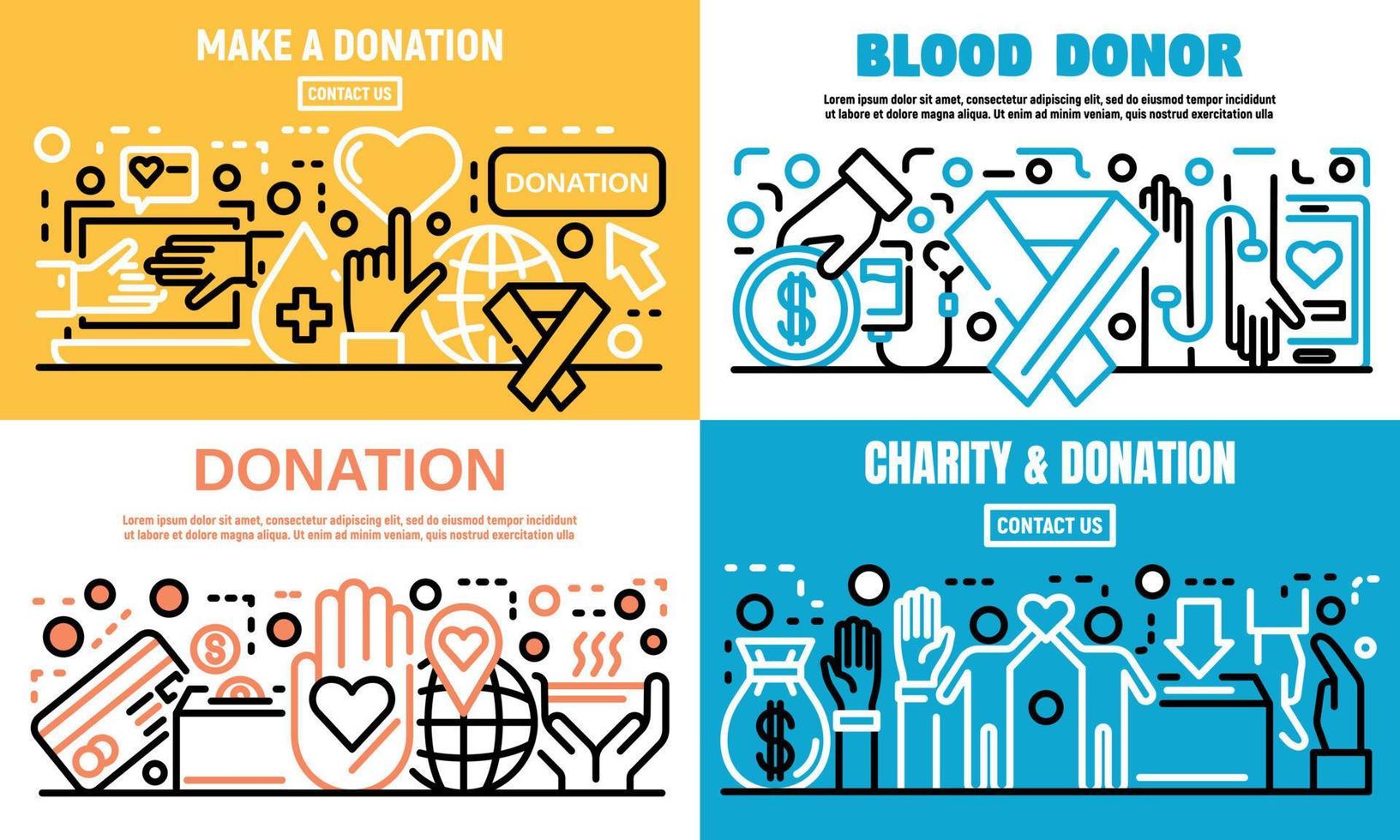 Donations banner set, outline style vector