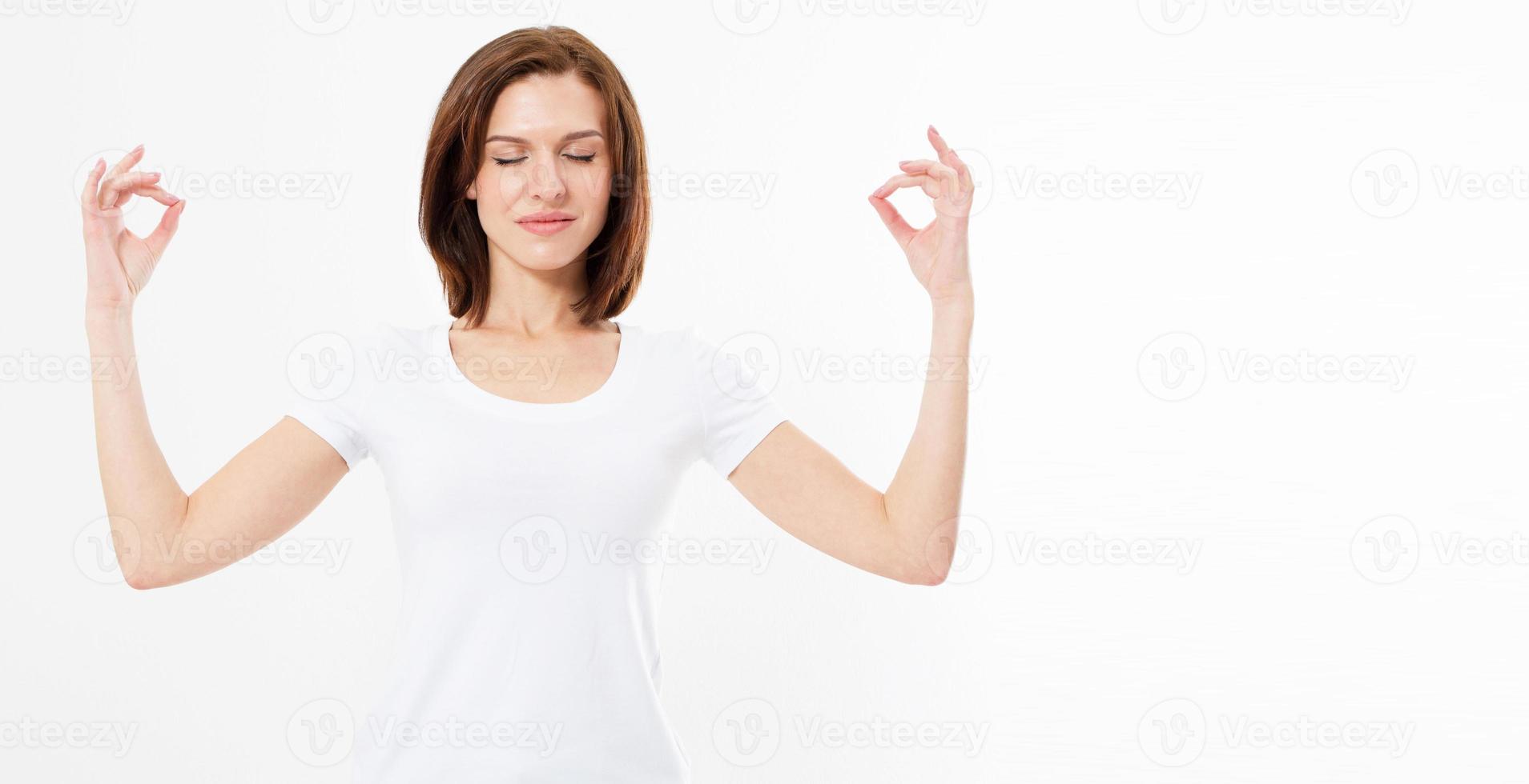 Beautiful teen woman doing yoga exercise isolated on white background, girl zen pose, copy space, active life concept. photo