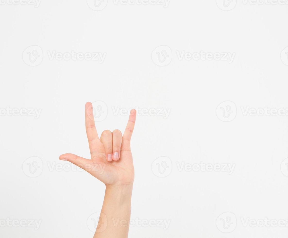 Hand making the heavy metal isolated white background. afro american hand. Mock up. Copy space. Template. Blank. photo