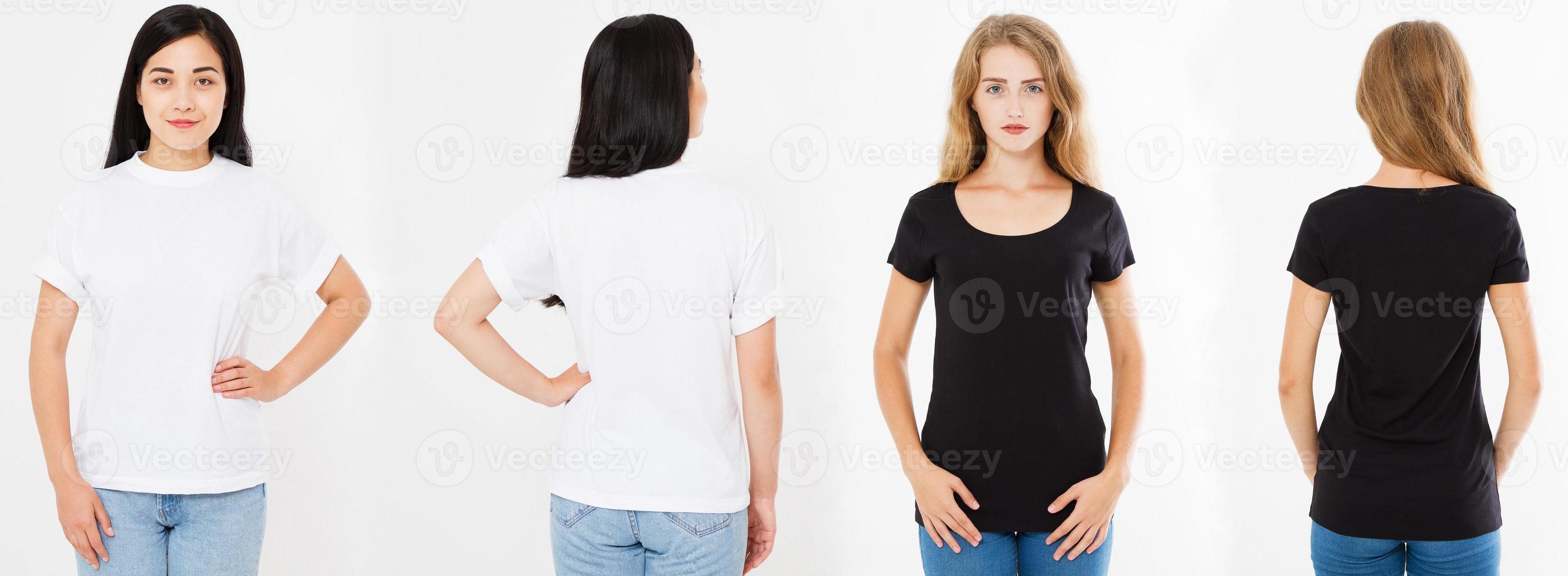 set,collage asian korean woman and caucasian woman in white and black t shirt, front back views t-shirt photo