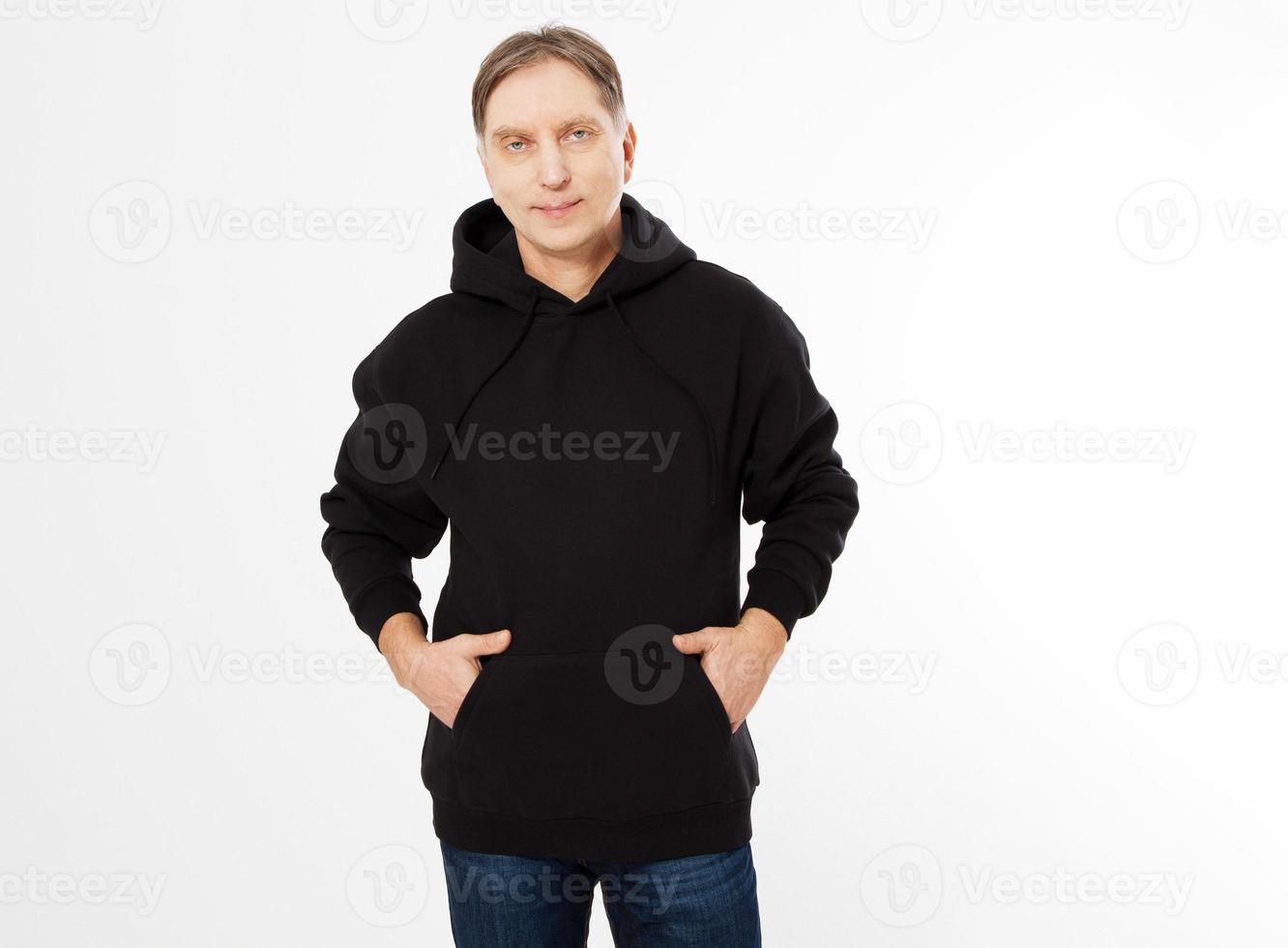 Heather black hoodie on man in jeans, isolated, with copy space, mock up photo