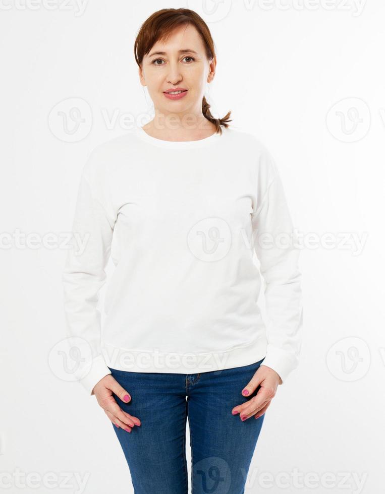 happy modern woman in white pullover posing on white background - mock up photo