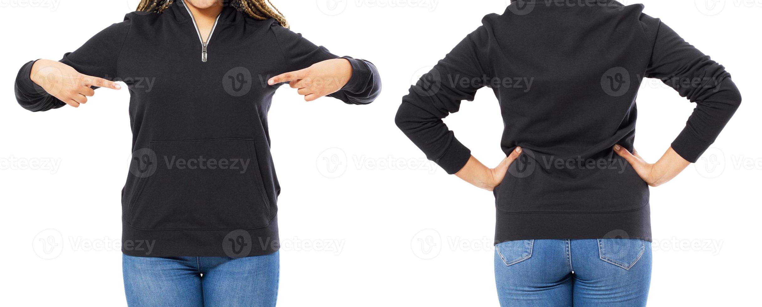 Conjunto de maquetas de sudadera negra en blanco aislada, vista frontal y posterior. maqueta de sudadera con capucha de mujer afro. presentación de diseño con capucha simple. Modelo de peto suelto blanco textil. jersey para imprimir foto