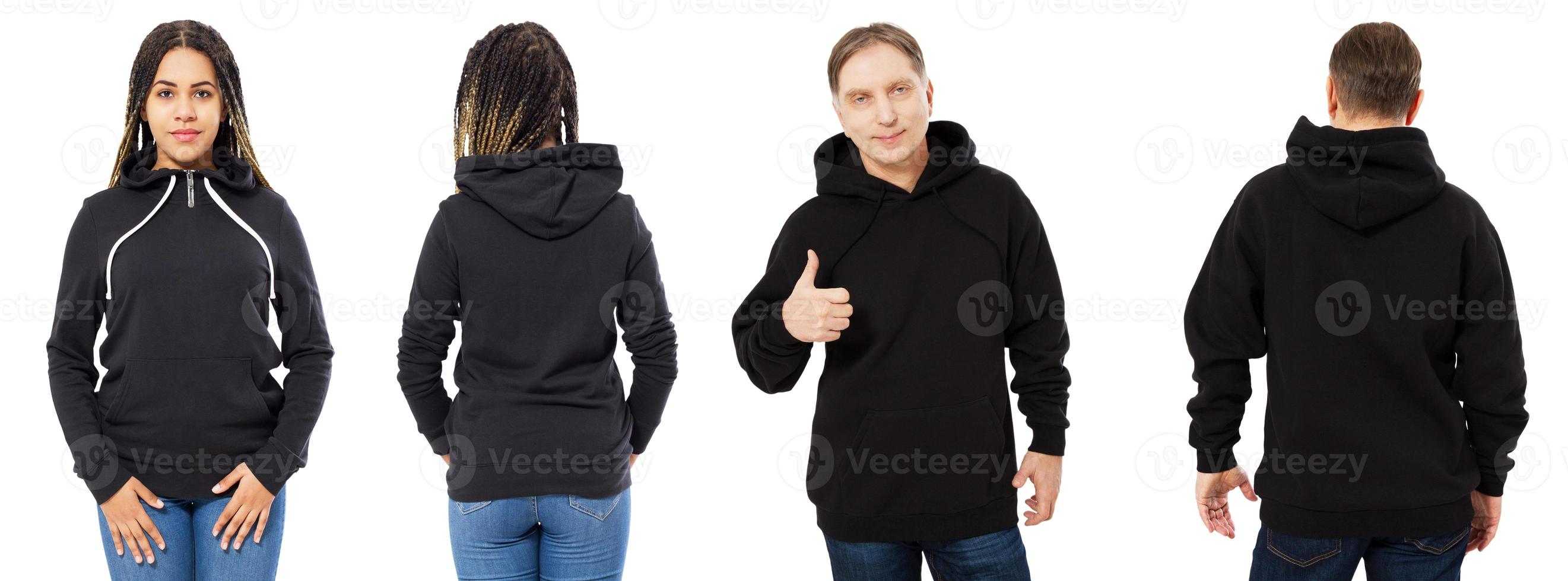 Chica afroamericana en sudadera con capucha negra vista frontal y trasera, hombre en conjunto de sudadera negra collage aislado sobre fondo blanco, maqueta de capucha foto