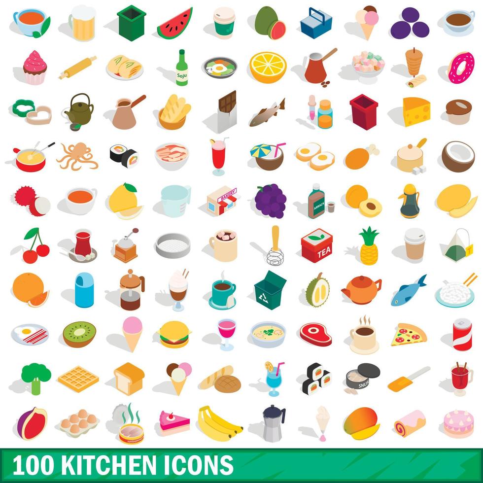 100 iconos de cocina, estilo isométrico 3d vector