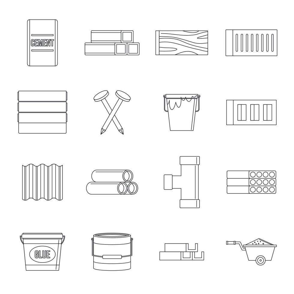 conjunto de iconos de materiales de construcción, estilo de esquema vector