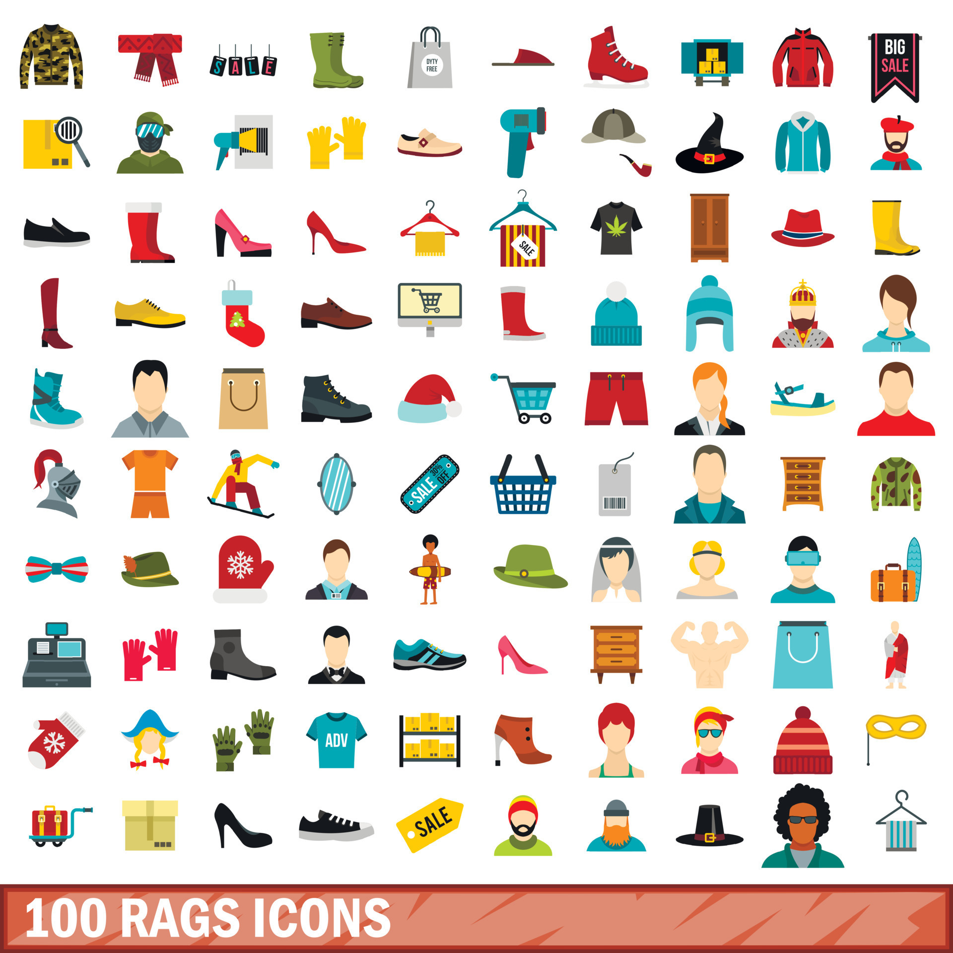 100 rags icons set, flat style 8529764 Vector Art at Vecteezy