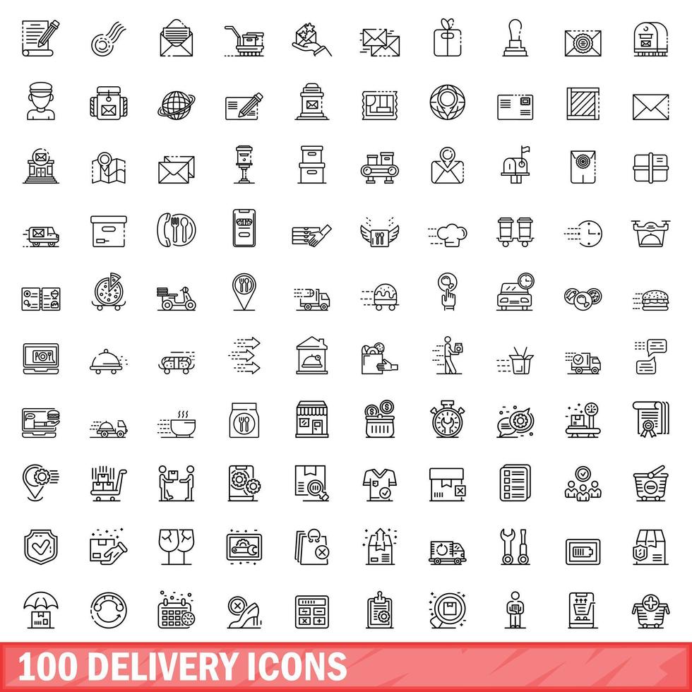 100 delivery icons set, outline style vector