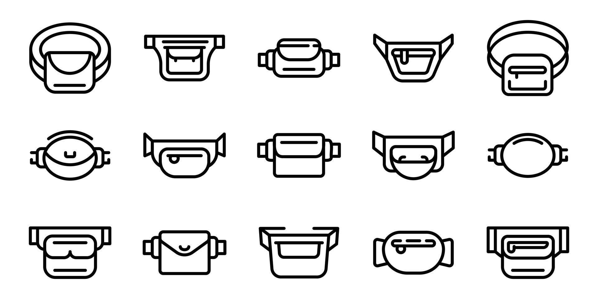 Waist bag icons set, outline style vector