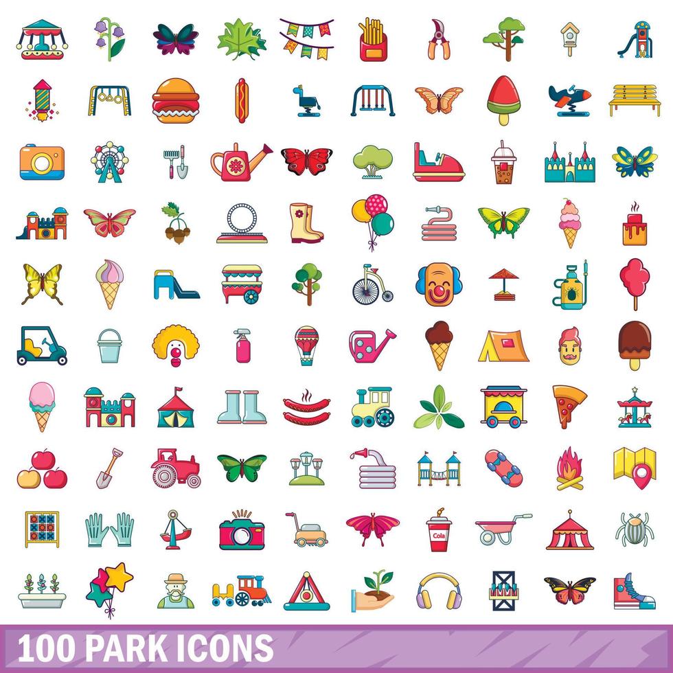 100 iconos de parque, estilo de dibujos animados vector