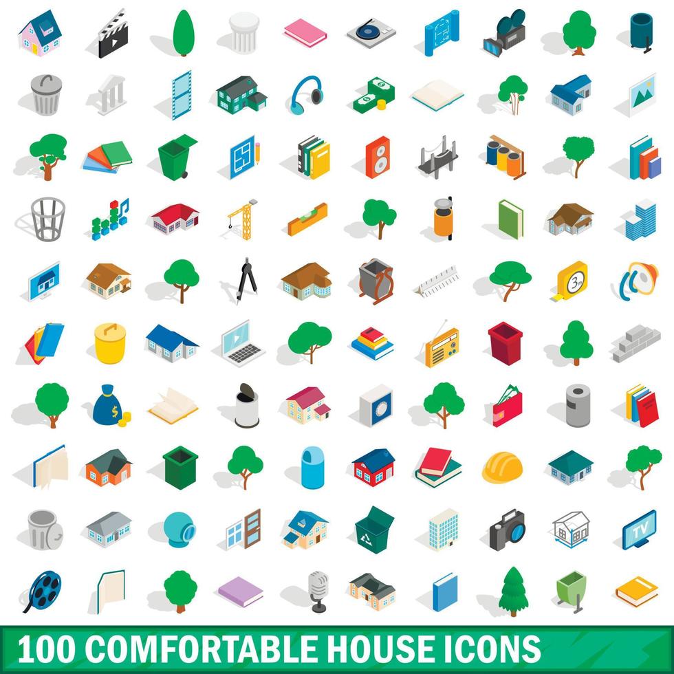 100 cómodos iconos de casa, estilo isométrico vector