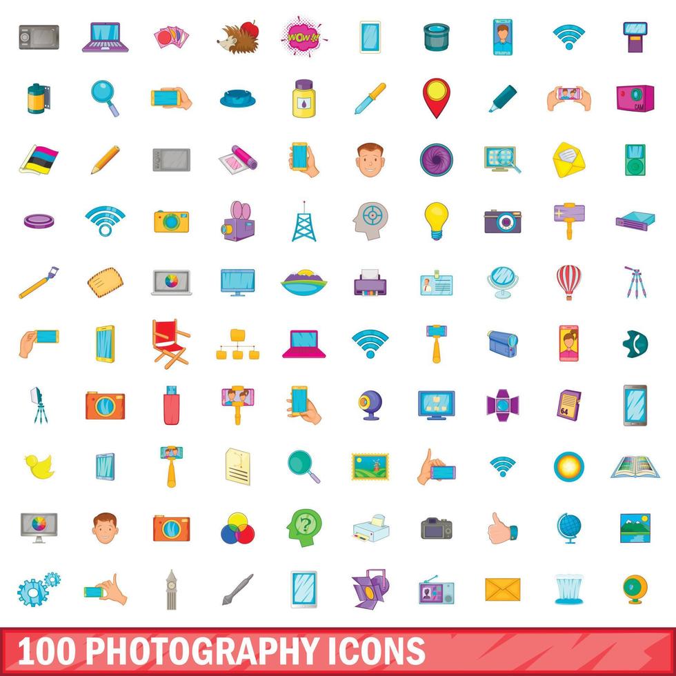 100 photography icons set, cartoon style vector