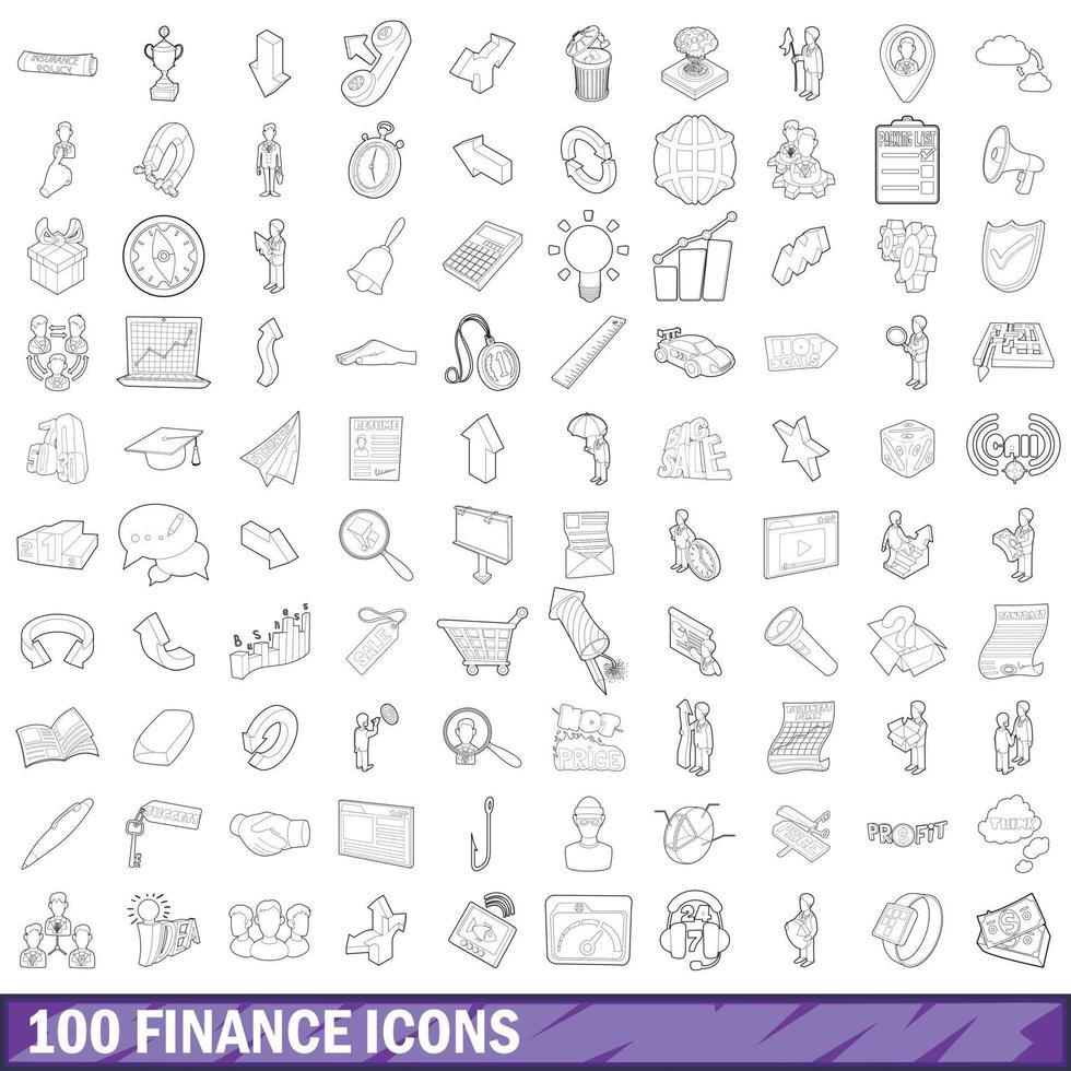 100 finance icons set, outline style vector
