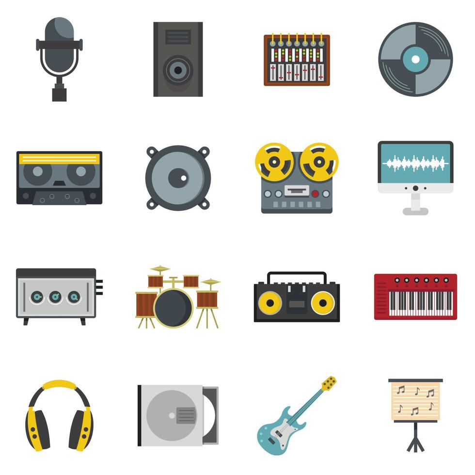 iconos de elementos de estudio de grabación establecidos en estilo plano vector