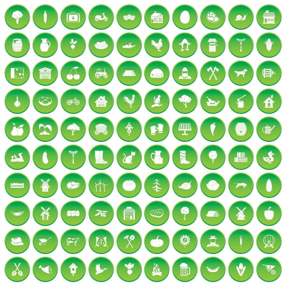100 farm icons set green circle vector