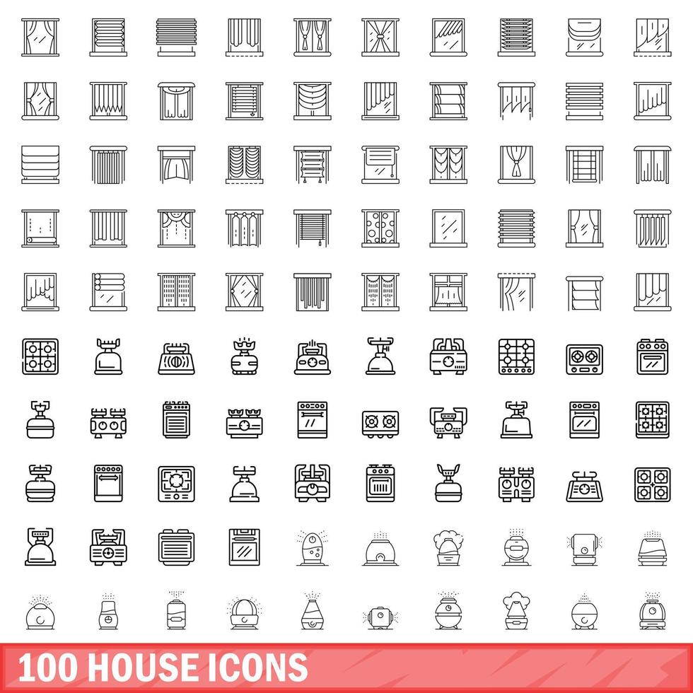 100 house icons set, outline style vector