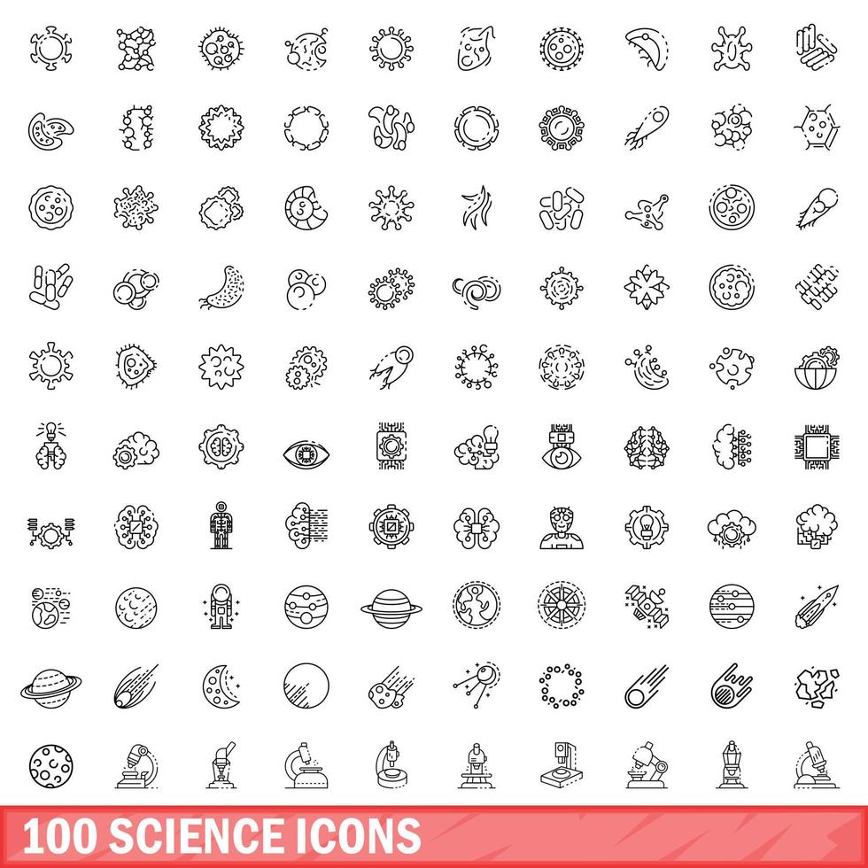 100 science icons set, outline style vector