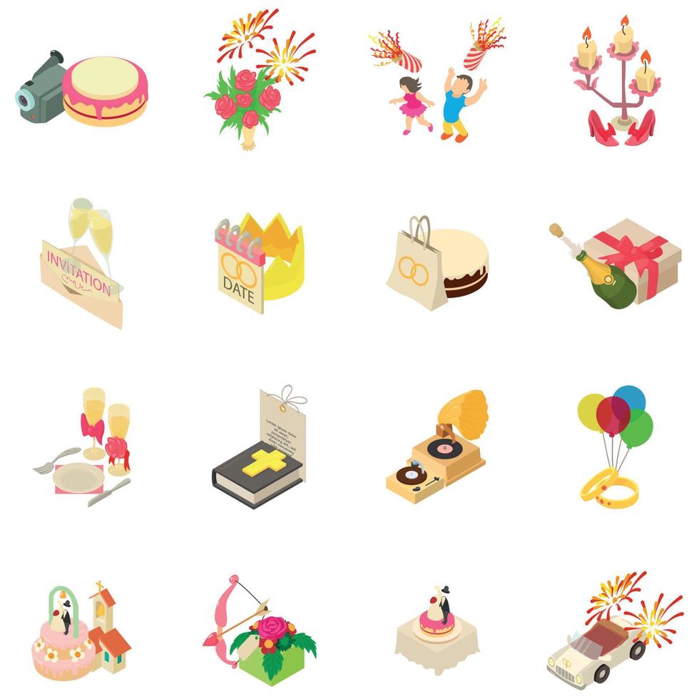 Wedding icons set, isometric style vector