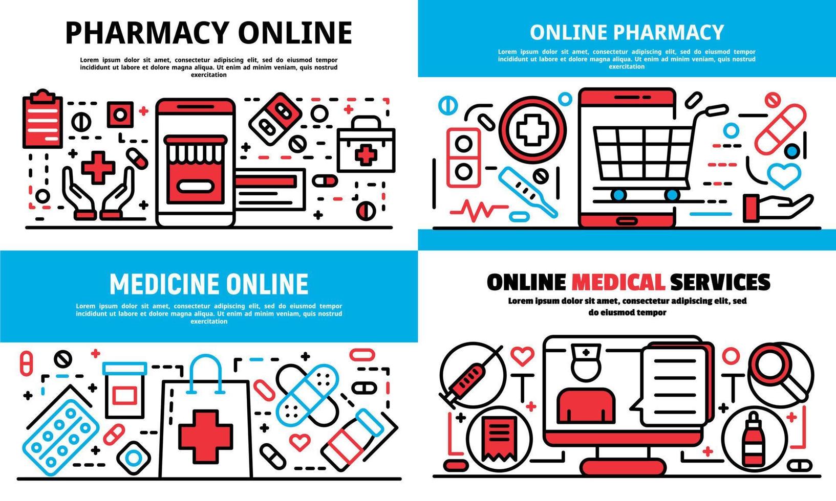 Online pharmacy banner set, outline style vector