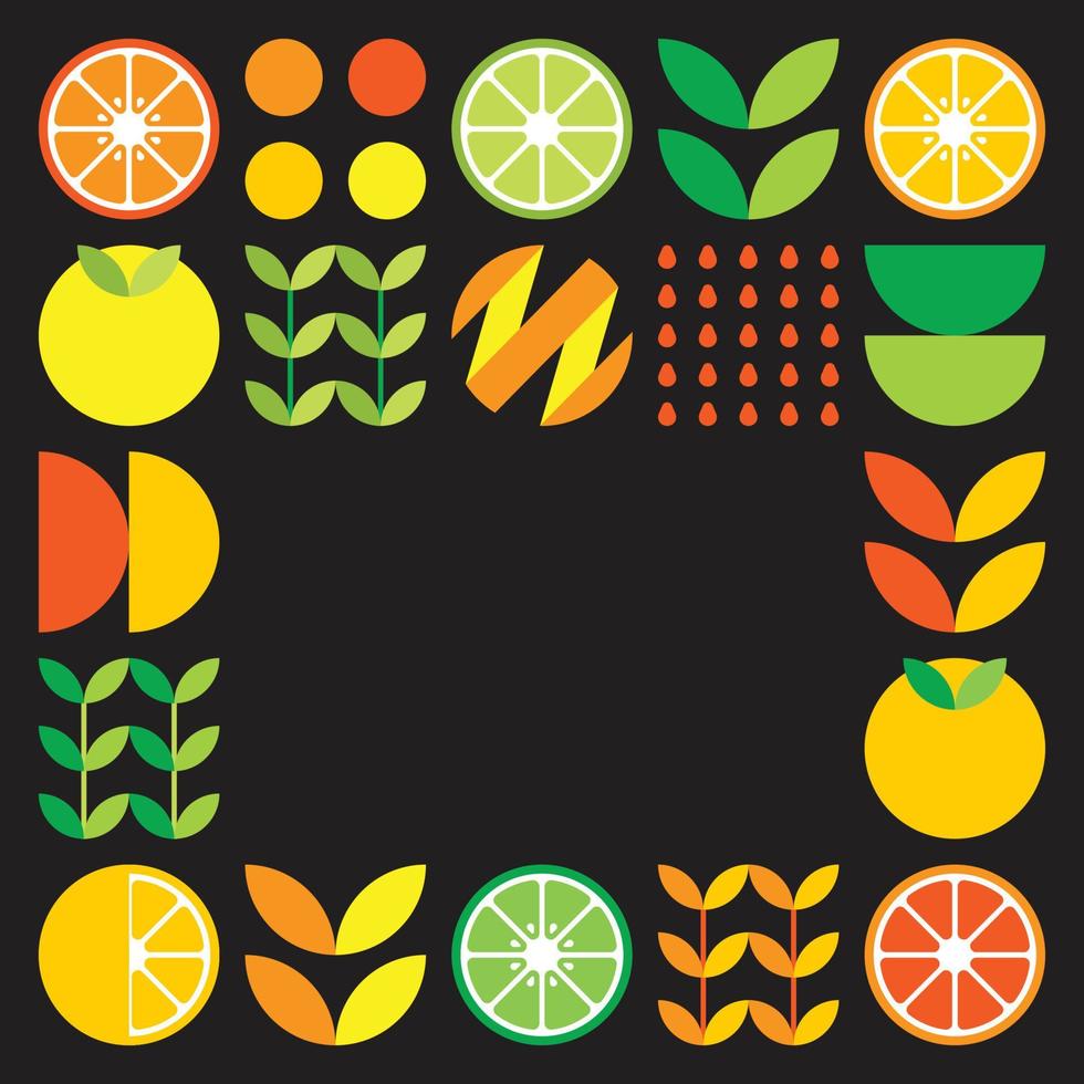 marco de vector plano minimalista en símbolo de cítricos. simple ilustración geométrica de naranjas, limones, limonada y hojas. diseño naranja abstracto sobre fondo negro. bueno para carteles o pancartas.