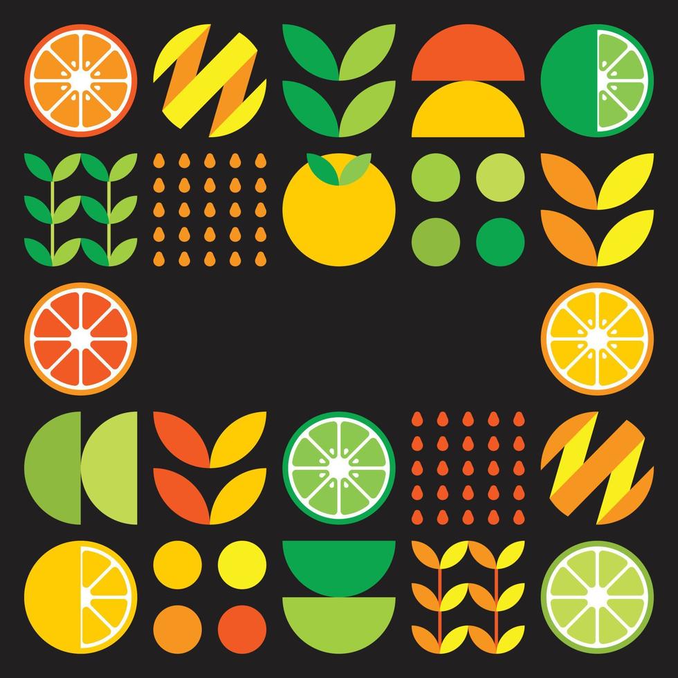 marco de vector plano minimalista en símbolo de cítricos. simple ilustración geométrica de naranjas, limones, limonada y hojas. diseño naranja abstracto sobre fondo negro. bueno para carteles o pancartas.