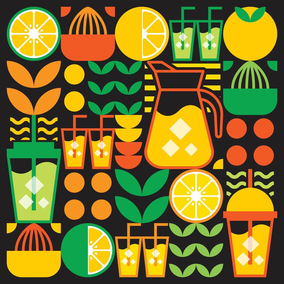 Simple flat illustration of abstract shapes of citrus fruits, lemons, lemonade, limes, leaves and other geometric symbols. Fresh orange juice ice drink icon with glass, jug, straw and plastic cup. vector