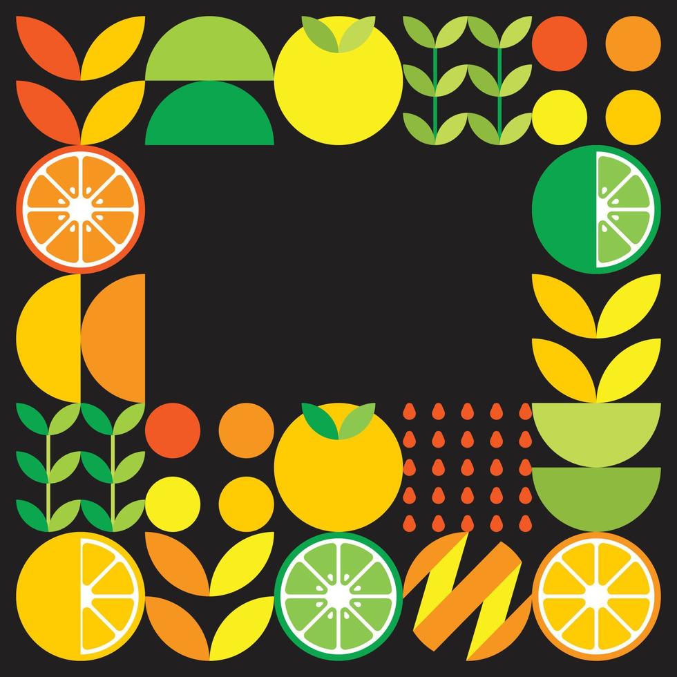 Minimalist flat vector frame in citrus fruit symbol. Simple geometric illustration of oranges, lemons, lemonade and leaves. Abstract orange design on black background. Good for posters or banners.