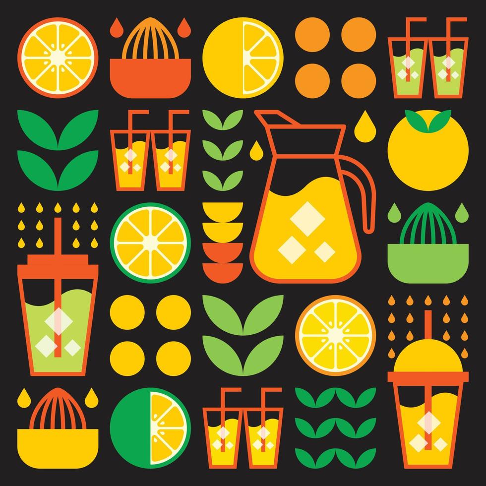 Simple flat illustration of abstract shapes of citrus fruits, lemons, lemonade, limes, leaves and other geometric symbols. Fresh orange juice ice drink icon with glass, jug, straw and plastic cup. vector