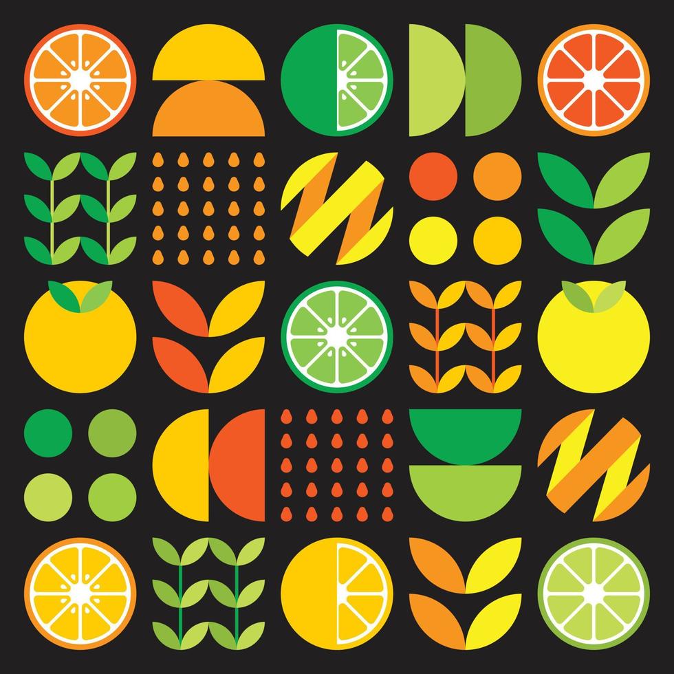 ilustraciones abstractas del icono del símbolo de la fruta naranja. arte vectorial simple, ilustración geométrica de cítricos coloridos, limones, limonada, limas y hojas. diseño plano cítrico minimalista sobre fondo negro. vector