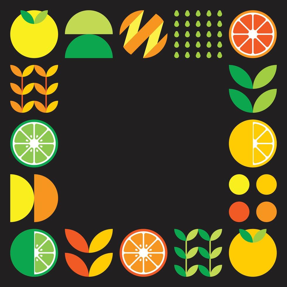 marco de vector plano minimalista en símbolo de cítricos. simple ilustración geométrica de naranjas, limones, limonada y hojas. diseño naranja abstracto sobre fondo negro. bueno para carteles o pancartas.