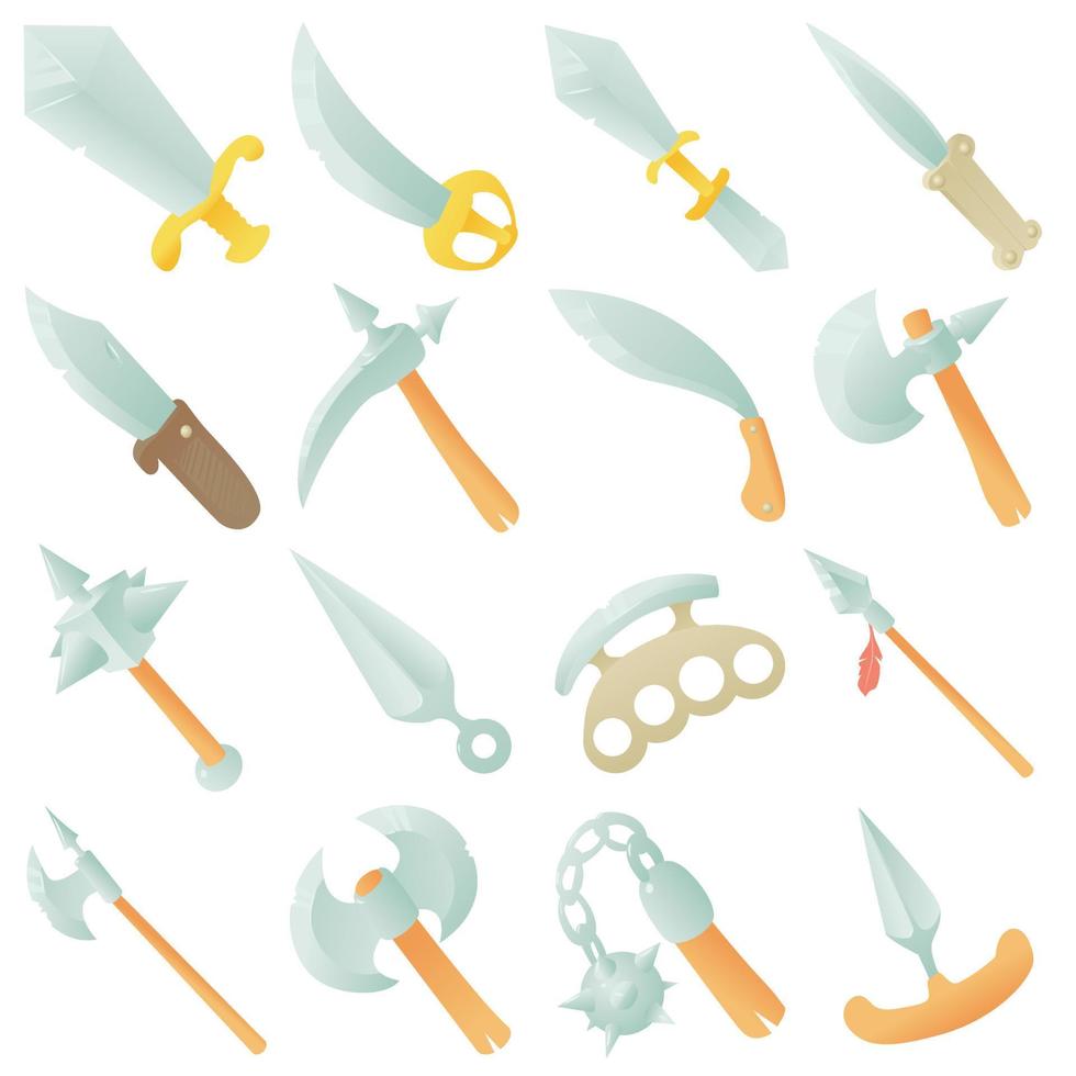 Steel arms items icons set, cartoon style vector