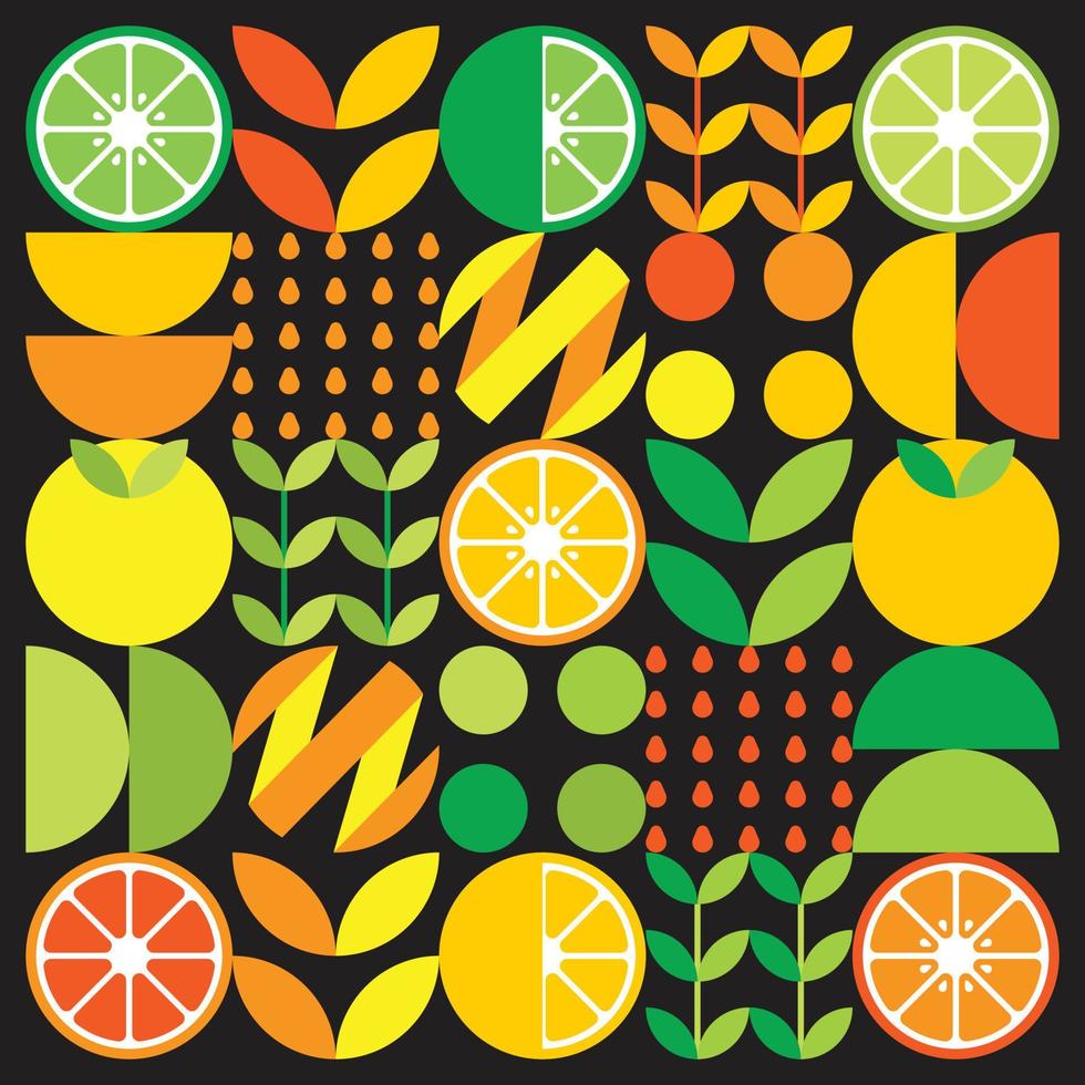 Abstract artwork of orange fruit symbol icon. Simple vector art, geometric illustration of colorful citruses, lemons, lemonade, limes and leaves. Minimalist citrus flat design on black background.