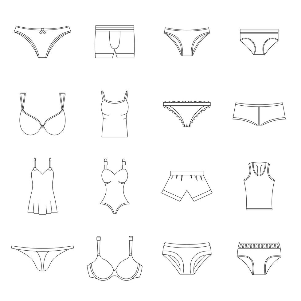 Underwear items icons set, outline style vector