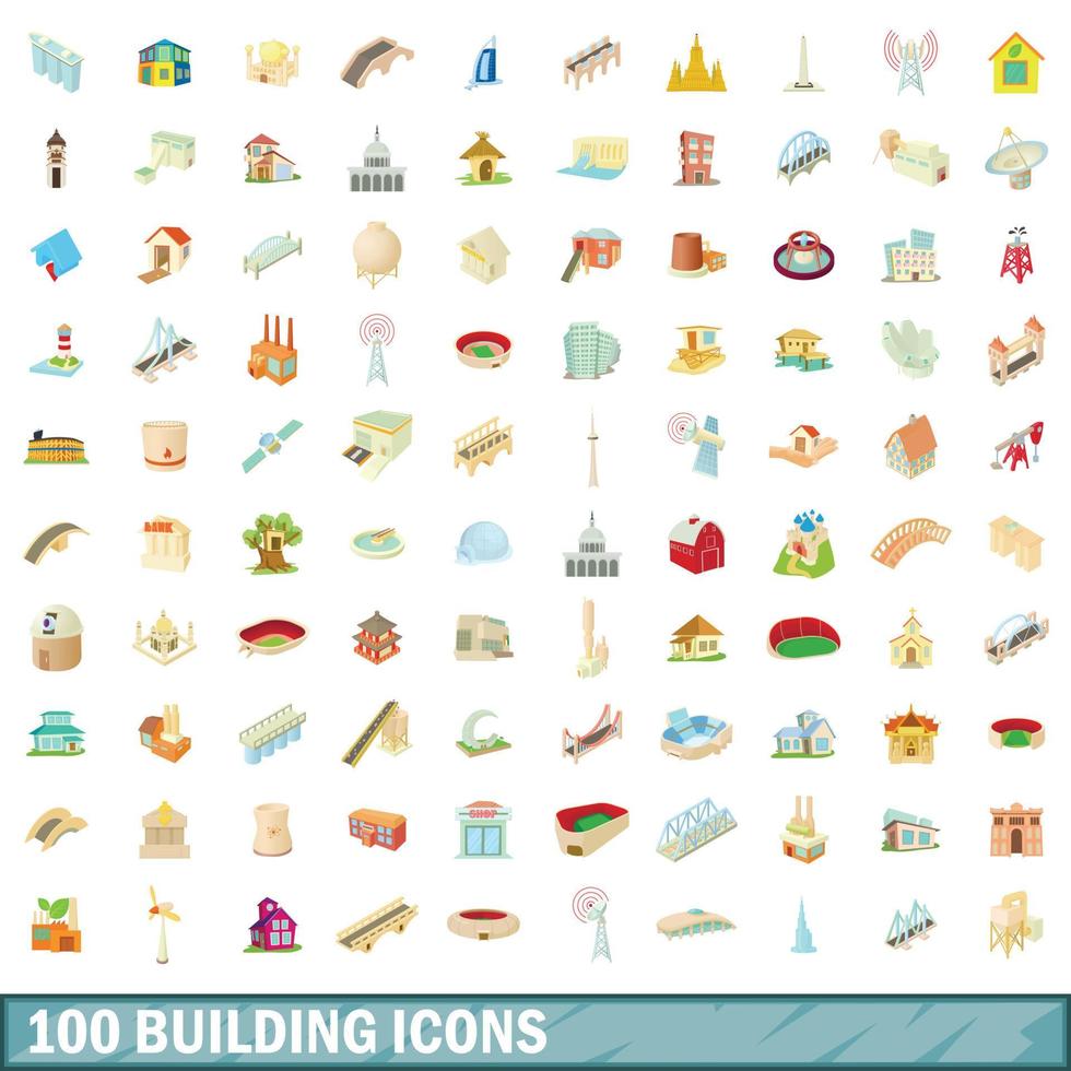 100 building icons set, cartoon style vector