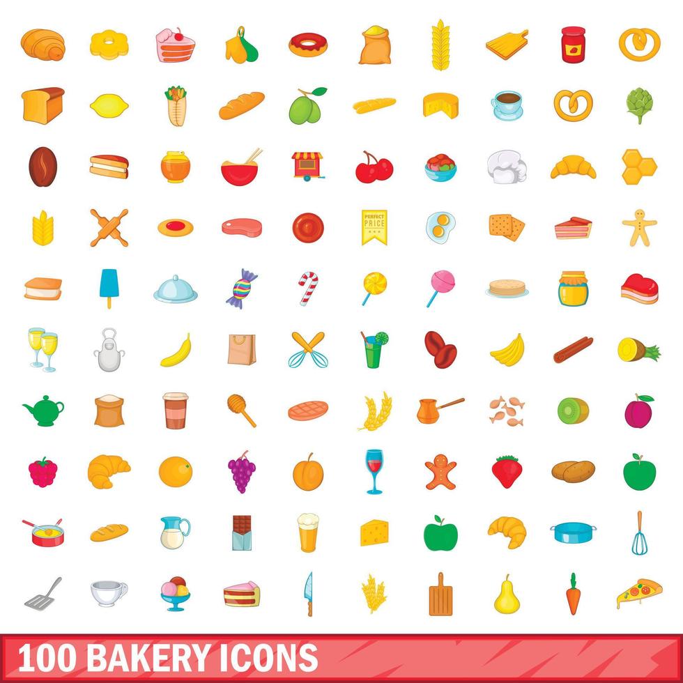 100 bakery icons set, cartoon style vector
