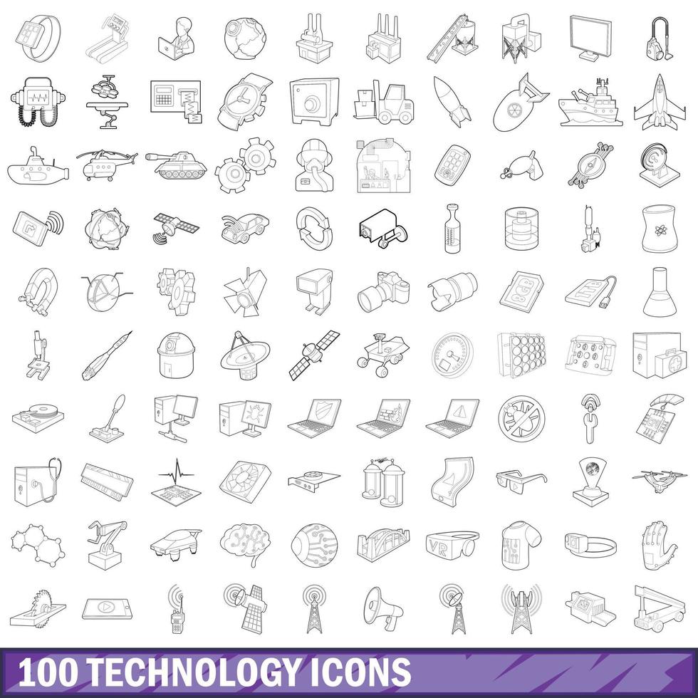 100 technology icons set, outline style vector